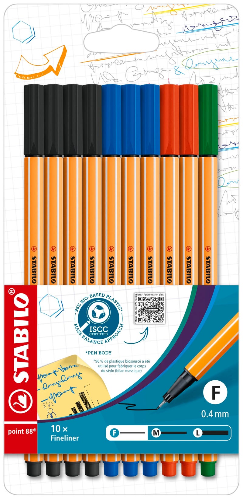 STABILO Fineliner point 88 Pack of 10 Office Colors 4 x Black 3 x Blue 2 x Red 1 x Green - Image 2