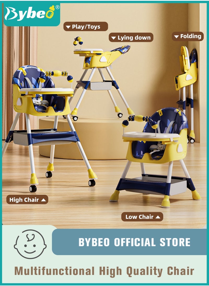 Bybeo Baby High Chair for Toddlers, Foldable Children Highchairs, Dining Booster Seats with Adjustable Seat Height & Backrest, 4 Wheels and Removable Tray  - Image 1