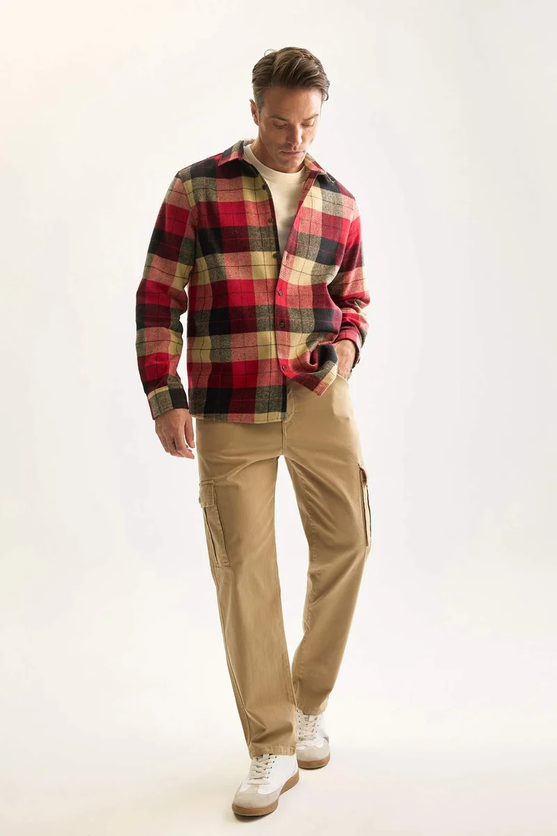 ديفاكتو Regular Fit Polo Collar Plaid Flanel Long Sleeve Shirt