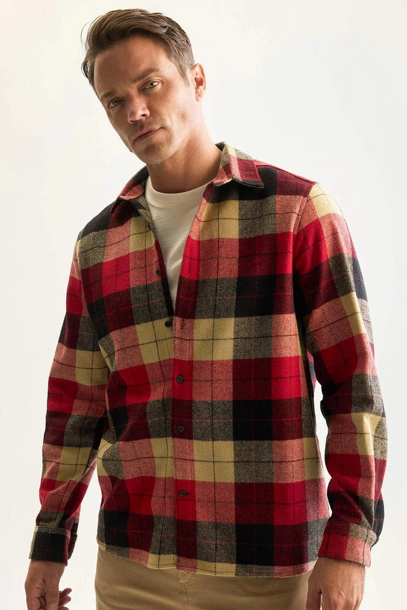 ديفاكتو Regular Fit Polo Collar Plaid Flanel Long Sleeve Shirt