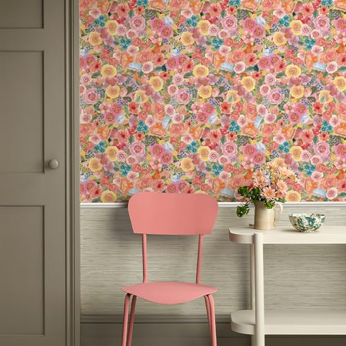 Simon&Siff Floral Peel and Stick Wallpaper 17.3"x80" Pink Watercolor Flowers Wall Murals Removable Wall Paper for Bedroom Bathroom Cabinet Renter Friendly - Image 3