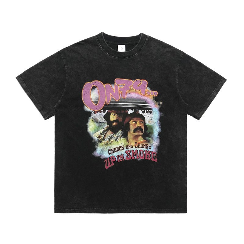 Lawfoo National Tide Brand American Wash Old Direct Spray Printing Loosen Edition Special Couples Tide T-Shirt - Image 1