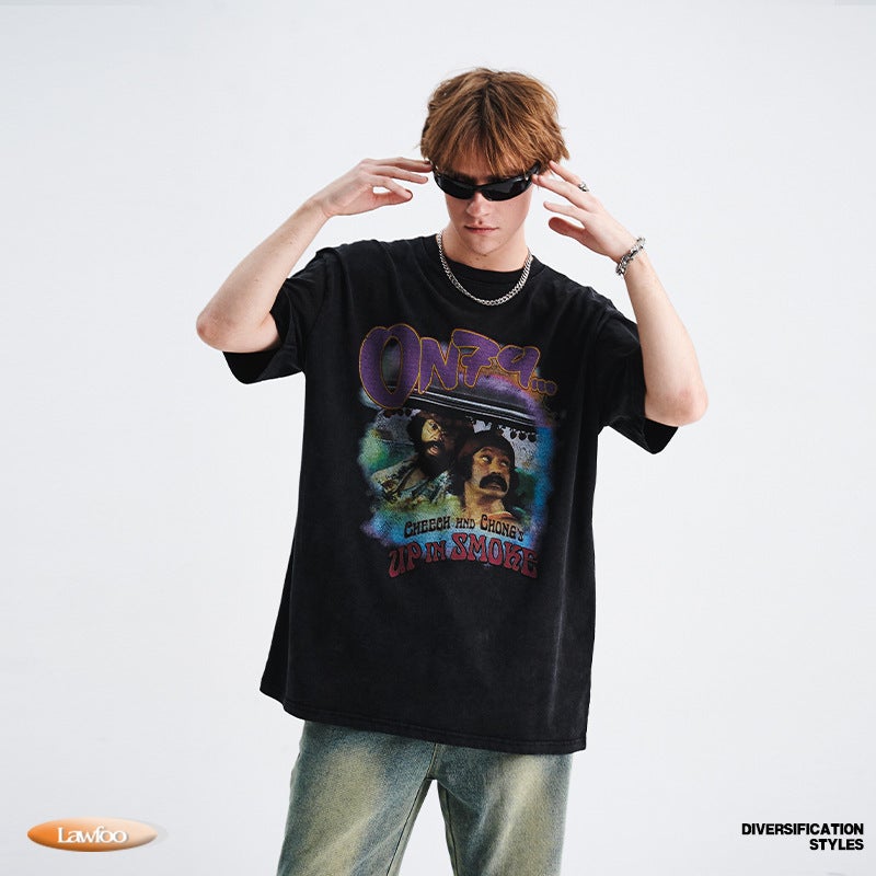 Lawfoo National Tide Brand American Wash Old Direct Spray Printing Loosen Edition Special Couples Tide T-Shirt - Image 2