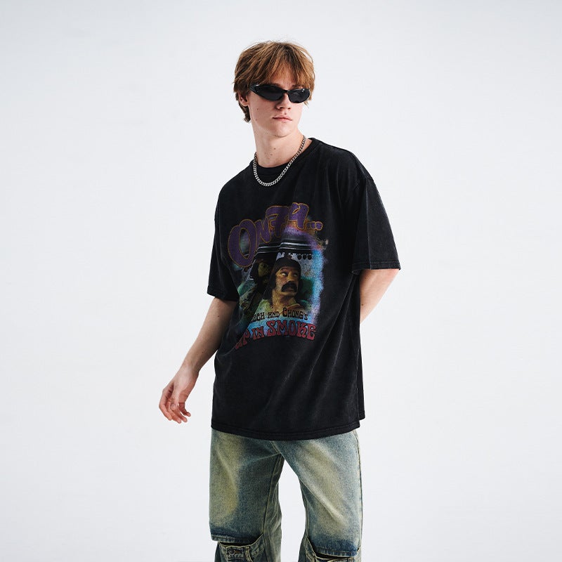 Lawfoo National Tide Brand American Wash Old Direct Spray Printing Loosen Edition Special Couples Tide T-Shirt - Image 3