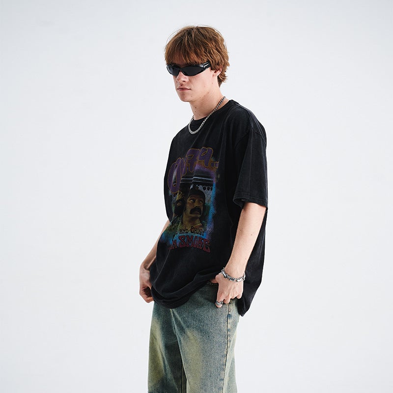 Lawfoo National Tide Brand American Wash Old Direct Spray Printing Loosen Edition Special Couples Tide T-Shirt - Image 5