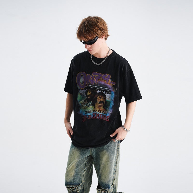 Lawfoo National Tide Brand American Wash Old Direct Spray Printing Loosen Edition Special Couples Tide T-Shirt - Image 4