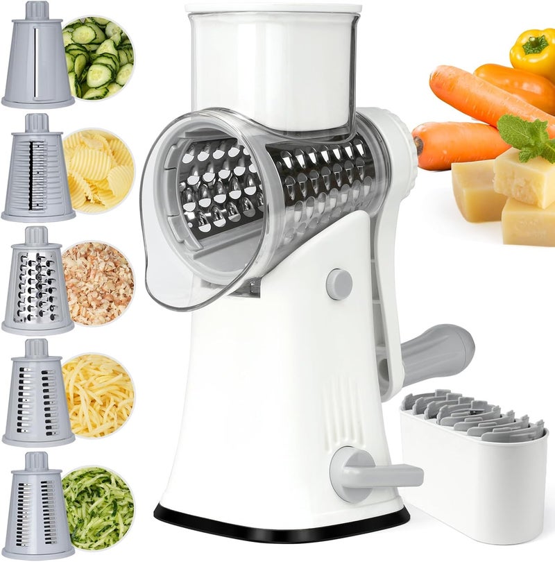REDPANT 5 in 1 Rotary Cheese Grater, Manual Hand Crank Cheese Grater With Reinforced Suction & 5 Interchangeable Blades, Multifunctional Cheese Shredder, Easy to Use and Clean, White - Image 1