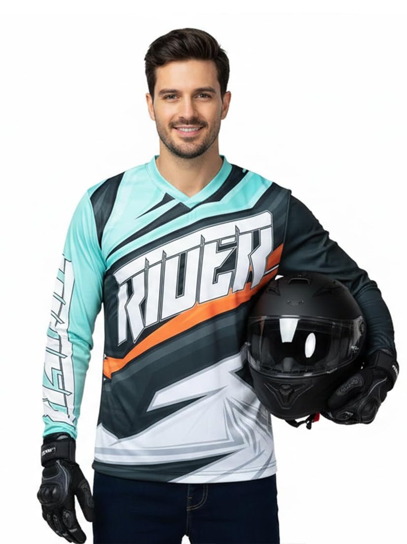 WANDERLOOMS Absolute Rider Jersey Tshirt for Men | Graphic Printed Round Neck Full Sleeve Riding Jersey for Bikers | Sports Tshirt for Men Blue - Image 1