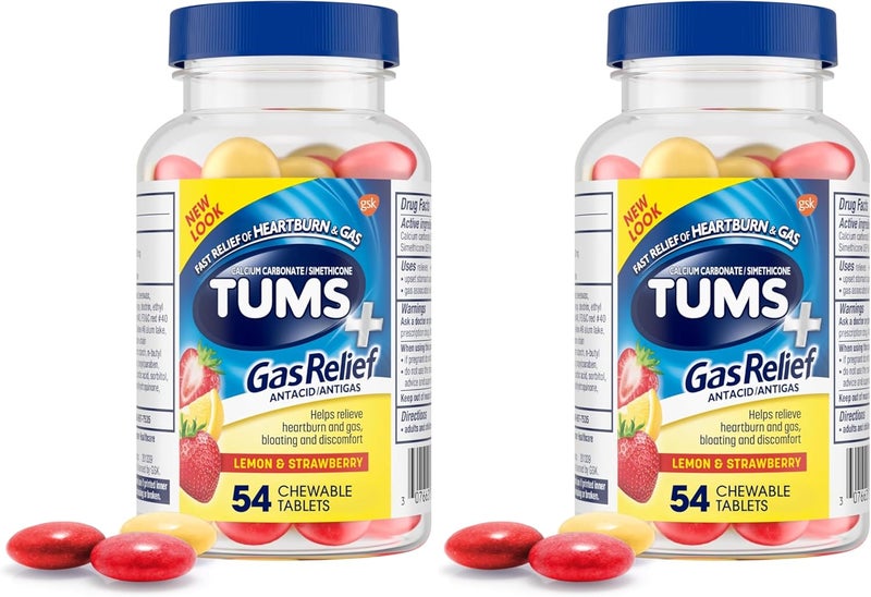 TUMS Chewy Bites Chewable Antacid Tablets with Gas Relief Lemon  Strawberry  54 Count Pack of 2 - Image 1