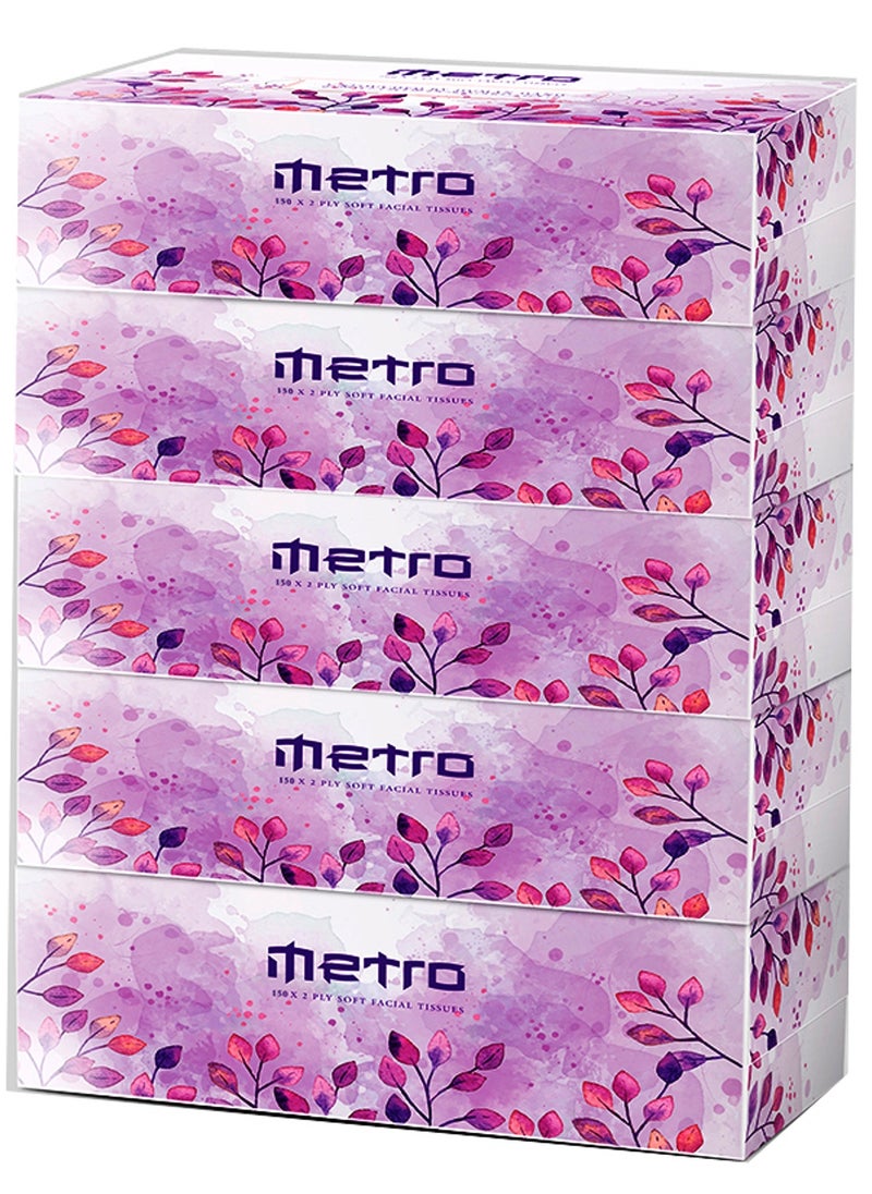 Metro Soft Facial Tissue 150 Sheets 2 Ply pack of 5 Peices  - Image 1