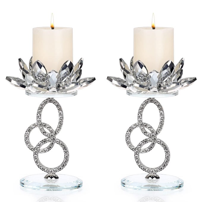 SET OF 2 CRYSTAL LOTUS FLOWER CANDLESTICK HOLDERS METAL GLASS LOTUS PILLAR CANDLE HOLDERS SILVER CRYSTAL LOTUS VOTIVE CANDLESTICKS TEALIGHT CANDLE STANDS FOR WEDDING TABLE CENTERPIECE 61 H