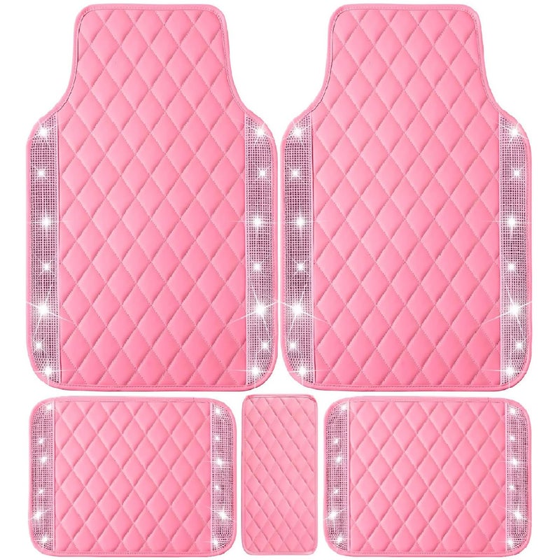 NBTEPEM Pink Bling Leather Car Floor Mats Full Set Sparkly Diamond Car Mats Universal Fit Most Automotive Glitter Rhinestone Carpet Waterproof AntiSlip 5 pcs Set Pink Leather Diamond - Image 2