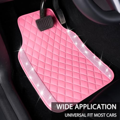 NBTEPEM Pink Bling Leather Car Floor Mats Full Set Sparkly Diamond Car Mats Universal Fit Most Automotive Glitter Rhinestone Carpet Waterproof AntiSlip 5 pcs Set Pink Leather Diamond - Image 3