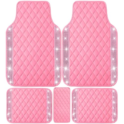 NBTEPEM Pink Bling Leather Car Floor Mats Full Set Sparkly Diamond Car Mats Universal Fit Most Automotive Glitter Rhinestone Carpet Waterproof AntiSlip 5 pcs Set Pink Leather Diamond - Image 1