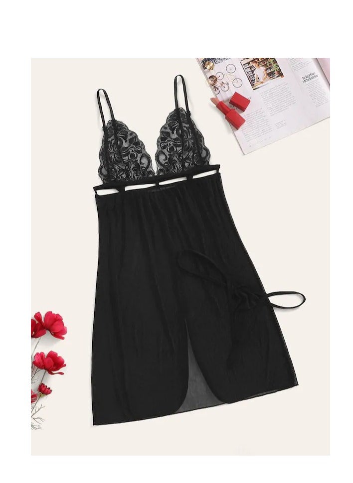 Generic - See-through Lace Open Back Night Dress With Thong Play Suit Pajama Set - Image 1