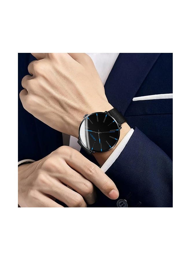 ساعات رجالية فائقة النحافة وبسيطة - ساعة معصم عصرية للرجال والنساء بتصميم كلاسيكي مع سوار من شبكة الفولاذ المقاوم للصدأ - Image 4