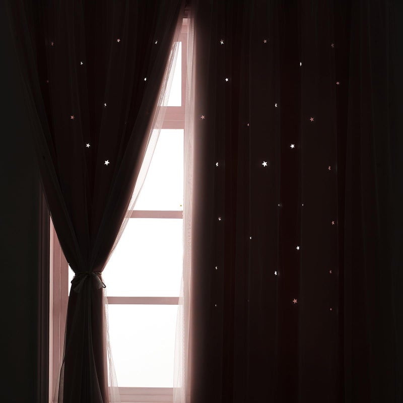Ftinala Light Pink Curtains Blackout for Girls Bedroom - Aesthetic Star Cutout Double Layer with White Sheer Overlay, 84 Inch Length 1 Panel Cute Curtain Baby Nursery Teens Room Decor Drapes - Image 4