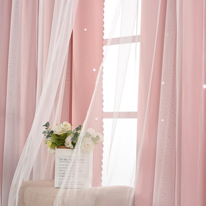 Ftinala Light Pink Curtains Blackout for Girls Bedroom - Aesthetic Star Cutout Double Layer with White Sheer Overlay, 84 Inch Length 1 Panel Cute Curtain Baby Nursery Teens Room Decor Drapes - Image 5