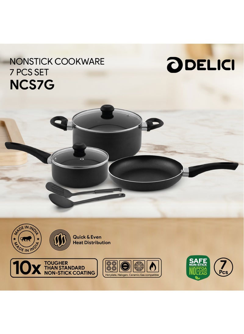 DELICI - Nonstick Cookware Set 7 Pcs (NCS7G) | 10X Tougher Coating | Quick & Even Heat Distribution | Suitable for Hot Plate, Halogen, Ceramic, Gas | 24cm Casserole with Lid, 18cm Saucepan with Lid, 24cm Frypan and 2 Nylon Spatulas - Image 1