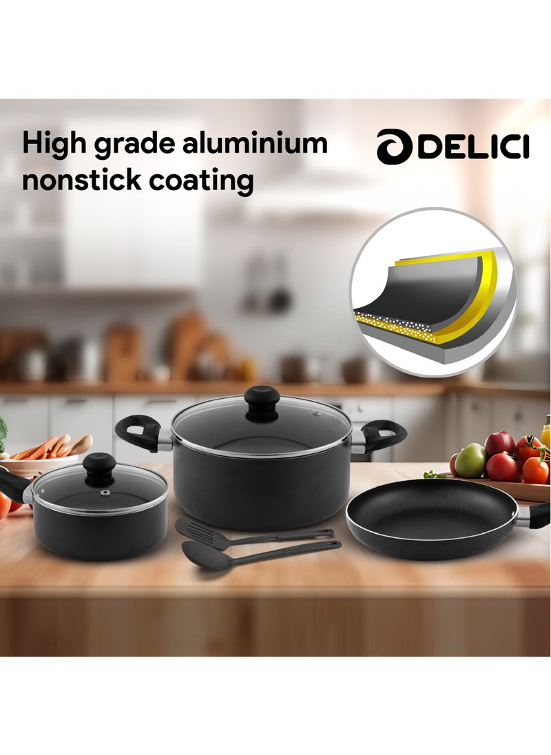 DELICI - Nonstick Cookware Set 7 Pcs (NCS7G) | 10X Tougher Coating | Quick & Even Heat Distribution | Suitable for Hot Plate, Halogen, Ceramic, Gas | 24cm Casserole with Lid, 18cm Saucepan with Lid, 24cm Frypan and 2 Nylon Spatulas - Image 1
