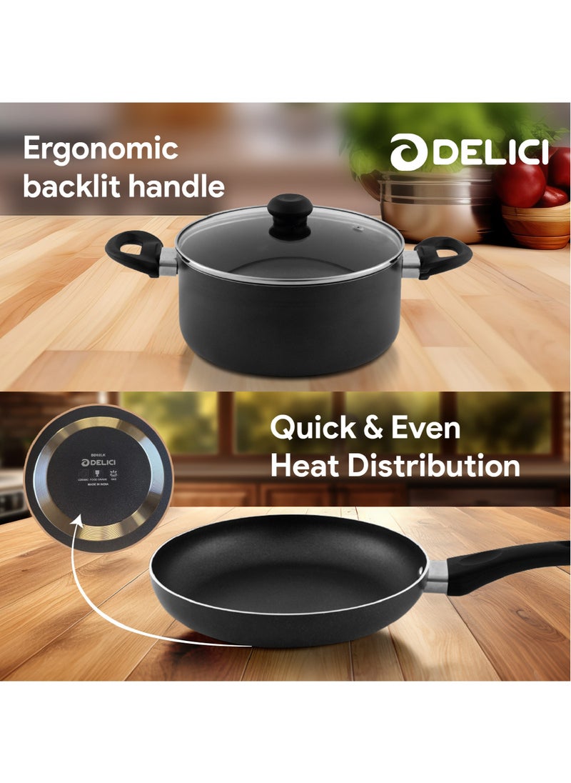 DELICI - Nonstick Cookware Set 7 Pcs (NCS7G) | 10X Tougher Coating | Quick & Even Heat Distribution | Suitable for Hot Plate, Halogen, Ceramic, Gas | 24cm Casserole with Lid, 18cm Saucepan with Lid, 24cm Frypan and 2 Nylon Spatulas - Image 1