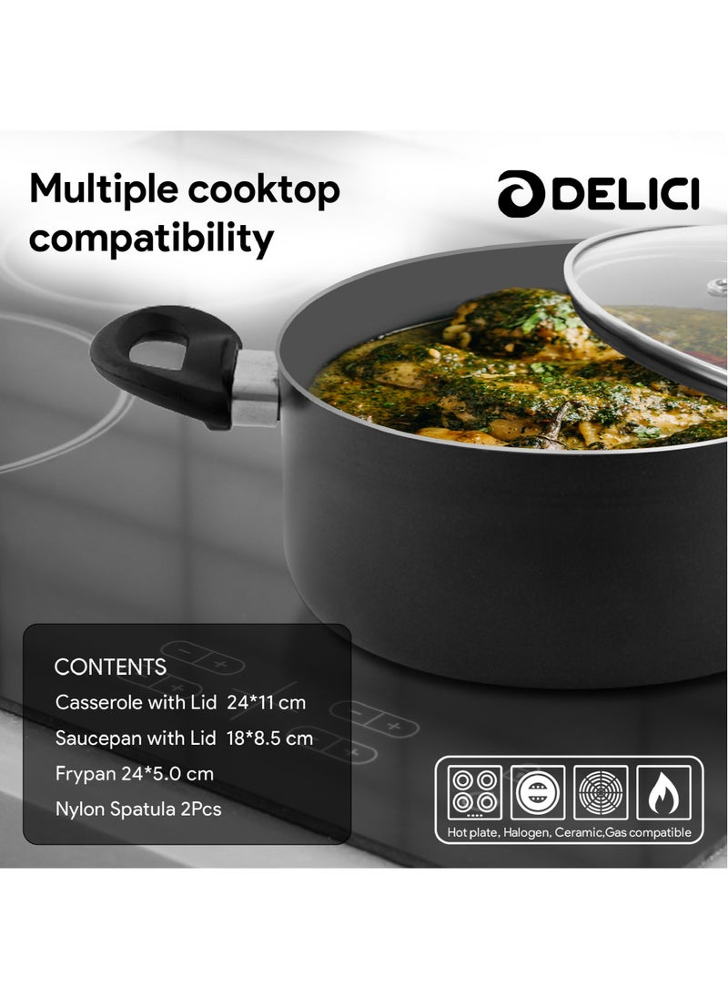 DELICI - Nonstick Cookware Set 7 Pcs (NCS7G) | 10X Tougher Coating | Quick & Even Heat Distribution | Suitable for Hot Plate, Halogen, Ceramic, Gas | 24cm Casserole with Lid, 18cm Saucepan with Lid, 24cm Frypan and 2 Nylon Spatulas - Image 1