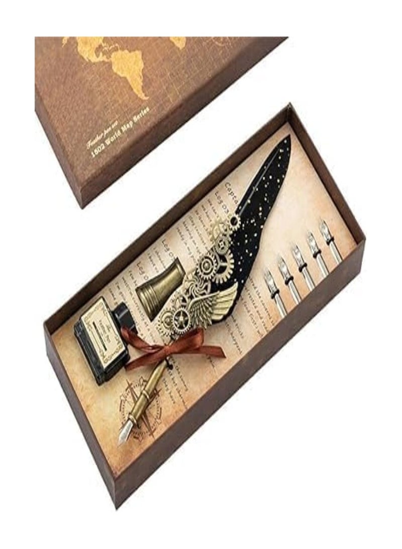 Vintage Carving Quill Pen Set Stylish Quill Pen for Writing, Drawing, Signature, Decor Calligraphy Pen Nib Pen Holder Base Multicolor Set of 1