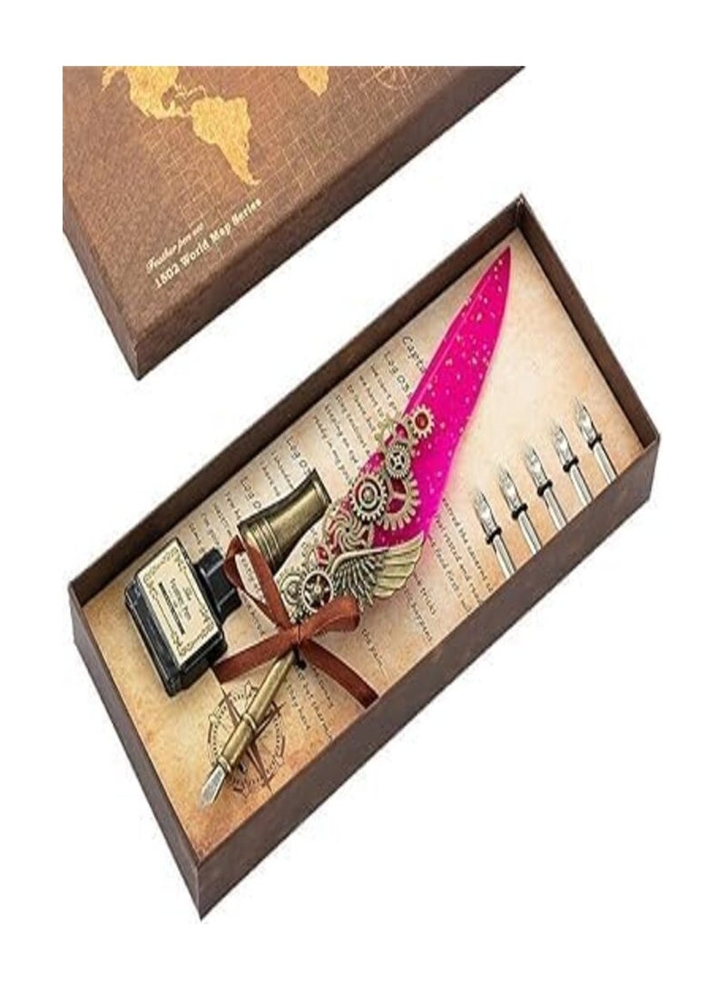 Vintage Carving Quill Pen Set Stylish Quill Pen for Writing, Drawing, Signature, Decor Calligraphy Pen Nib Pen Holder Base Multicolor Set of 1