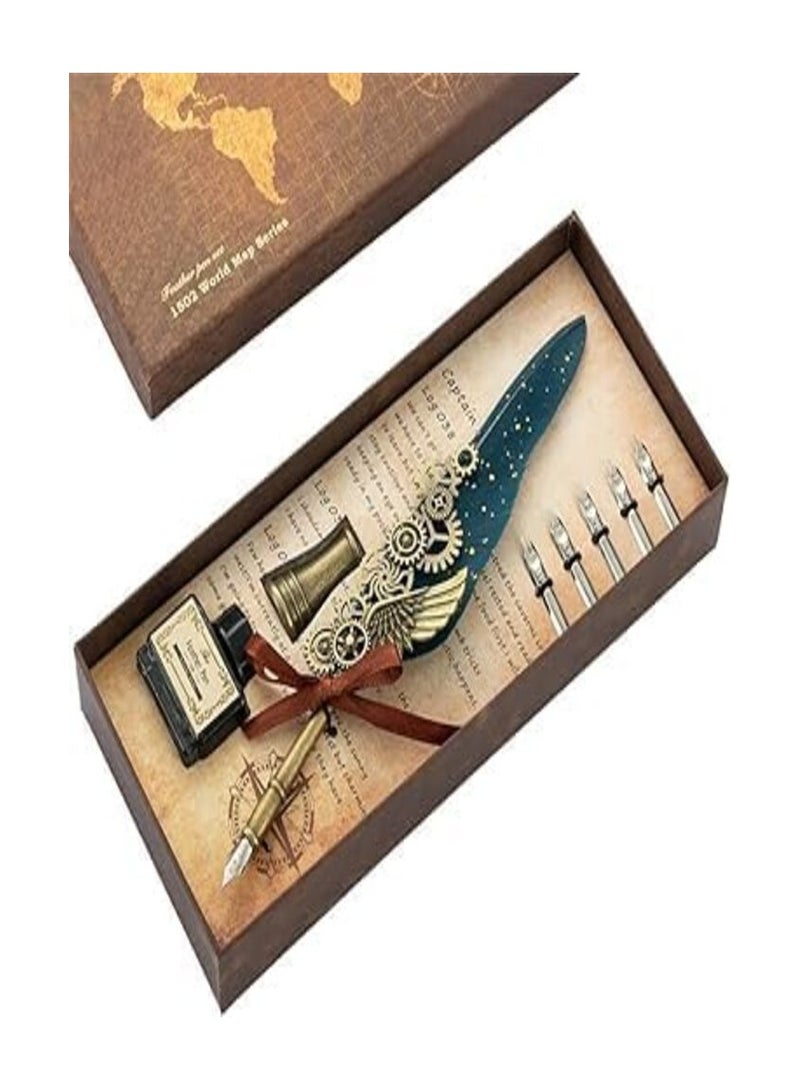 Vintage Carving Quill Pen Set Stylish Quill Pen for Writing, Drawing, Signature, Decor Calligraphy Pen Nib Pen Holder Base Multicolor Set of 1