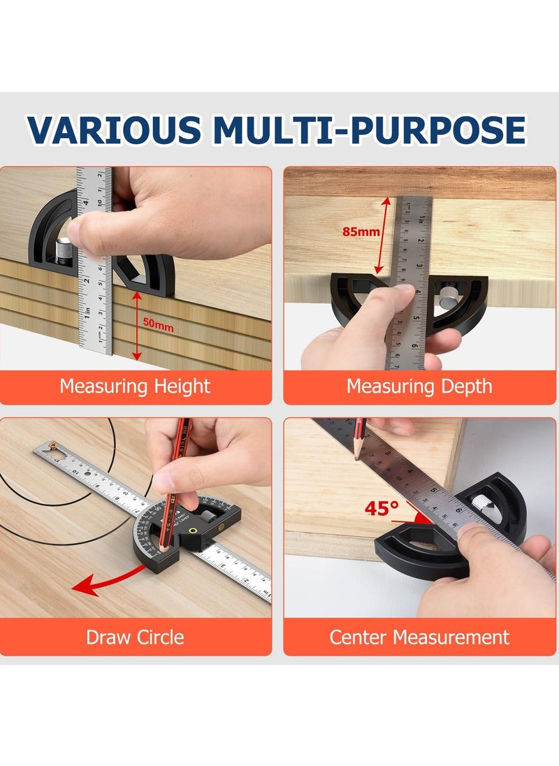 Generic - Woodworking Scribing Angle Ruler, 300mm Angle Protractor Stainless Steel Marking Ruler, Precision Engineer Woodworking Rule for Length Measurement, DIY, Line Marking, Circle Drawing - Image 1