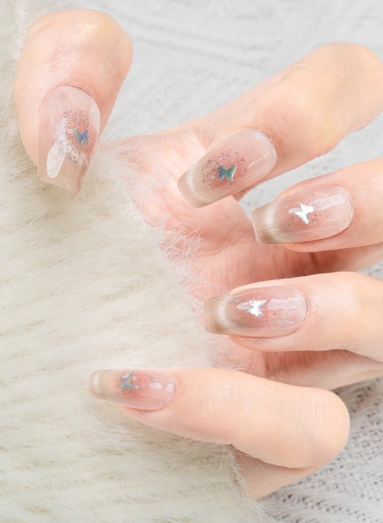 Nailosophy 10 Pcs Handmade Gel Press On Nails Short Square Gradient Blush Butterfly Glitter Reusable False Nails Nail Kit for Women Party Wedding Eid Special Occasions - Image 1