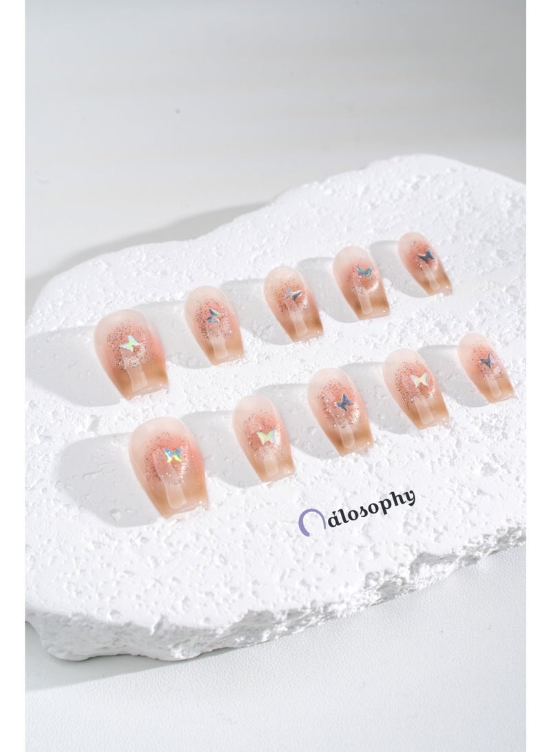 Nailosophy 10 Pcs Handmade Gel Press On Nails Short Square Gradient Blush Butterfly Glitter Reusable False Nails Nail Kit for Women Party Wedding Eid Special Occasions - Image 4