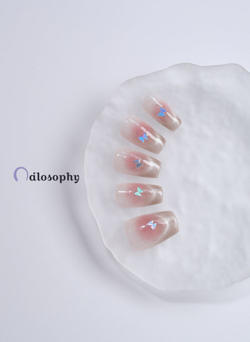Nailosophy 10 Pcs Handmade Gel Press On Nails Short Square Gradient Blush Butterfly Glitter Reusable False Nails Nail Kit for Women Party Wedding Eid Special Occasions - Image 3