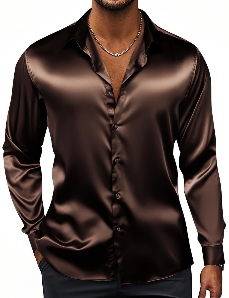 Hi-Tie Mens Brown Silk Satin Dress Shirts Long Sleeve Button Up Coffee Shirt Party Prom Wedding Luxury Shirt - Image 1