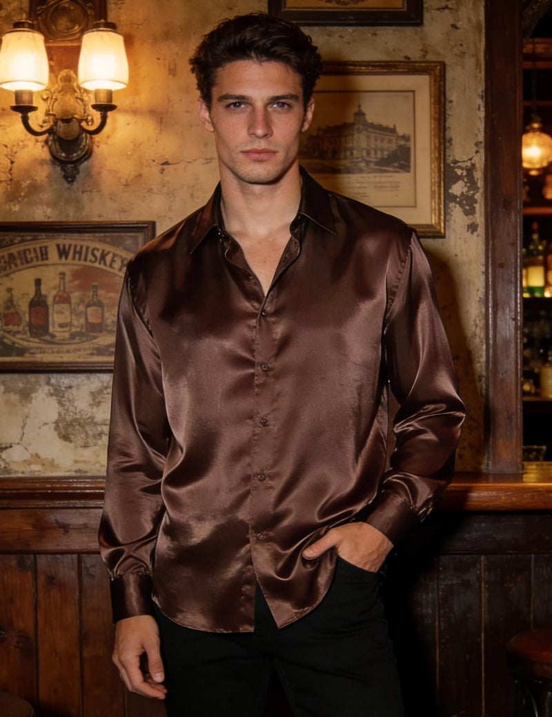Hi-Tie Mens Brown Silk Satin Dress Shirts Long Sleeve Button Up Coffee Shirt Party Prom Wedding Luxury Shirt - Image 2