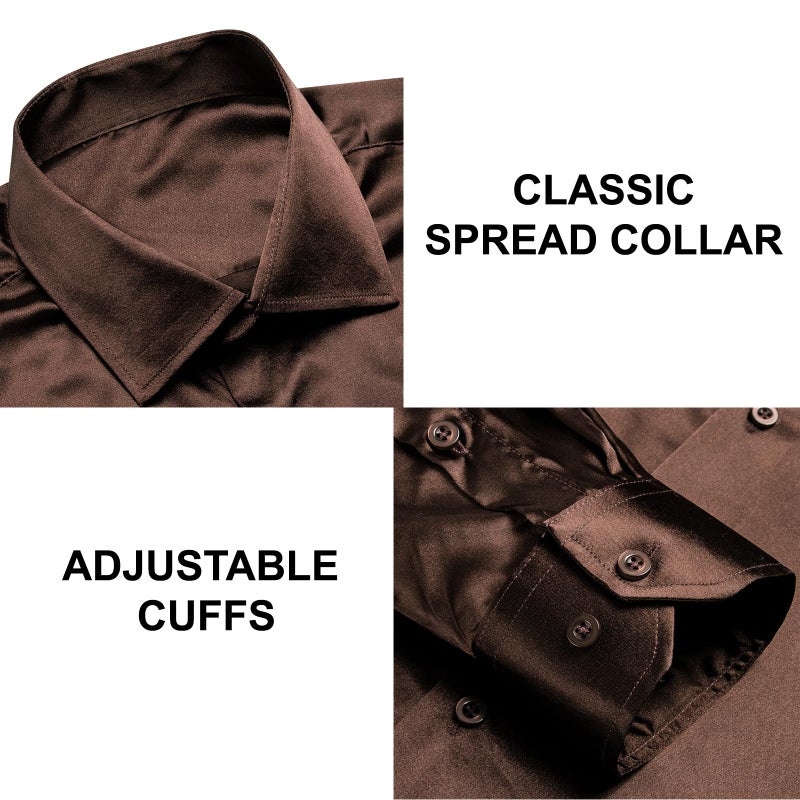 Hi-Tie Mens Brown Silk Satin Dress Shirts Long Sleeve Button Up Coffee Shirt Party Prom Wedding Luxury Shirt - Image 4