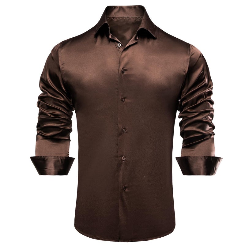 Hi-Tie Mens Brown Silk Satin Dress Shirts Long Sleeve Button Up Coffee Shirt Party Prom Wedding Luxury Shirt - Image 3