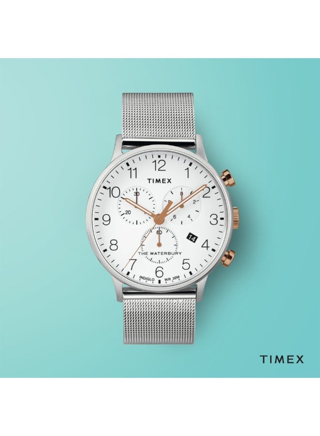 تيميكس ساعة TIMEX WATERBURY HERITAGE TW2T36700  كلاسيكية فضية من الفولاذ المقاوم للصدأ للرجال بمينا أبيض - Image 5