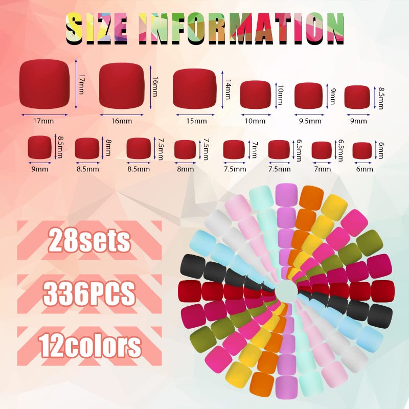 Maitys 336 Pieces 12 Sets Toenail Press on Fake Toe Nails Short Square False Glue on Solid Color Full Cover Press Nails Matte Fake Toenails for Women(Fresh Colors) - Image 3