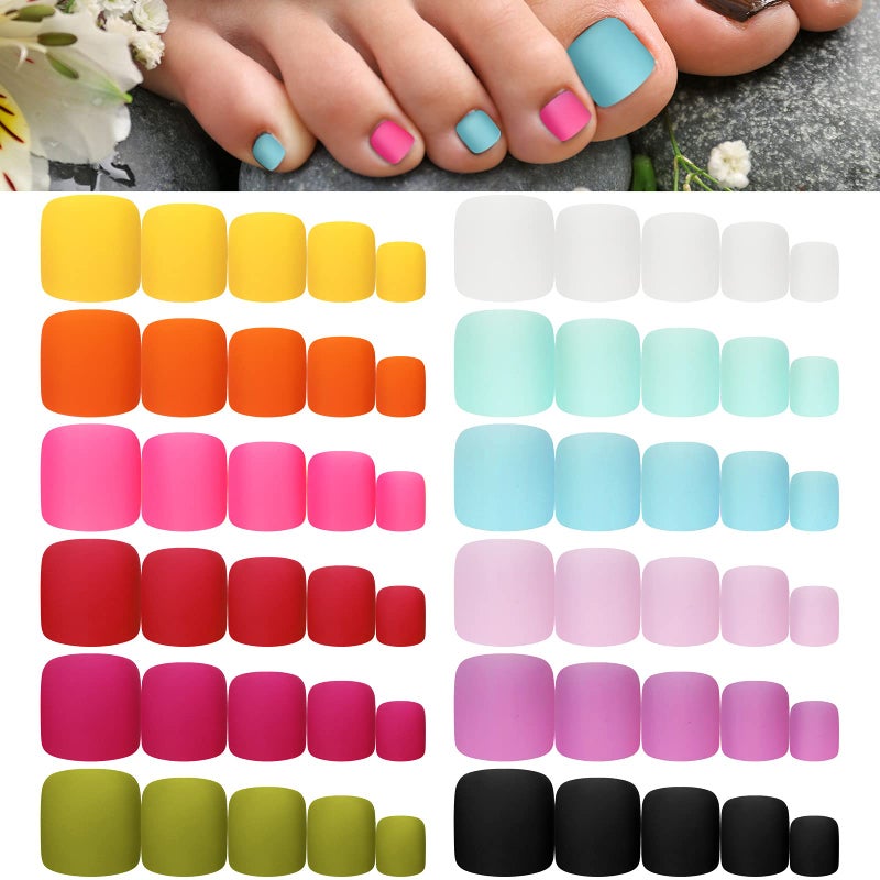 Maitys 336 Pieces 12 Sets Toenail Press on Fake Toe Nails Short Square False Glue on Solid Color Full Cover Press Nails Matte Fake Toenails for Women(Fresh Colors) - Image 1