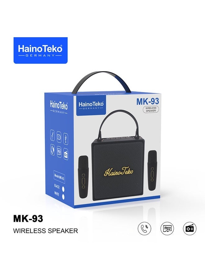 هينو تيكو Haino Teko MK-93 Splash Proof Portable Bluetooth Wireless Speaker with 2 Wireless Mics - Black - Powerful Sound, Waterproof, Long Battery Life, Perfect for Parties, Outdoor Events, Karaoke, & Travel - Compact & Durable Design - Image 4