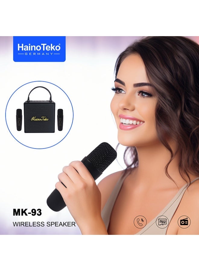 هينو تيكو Haino Teko MK-93 Splash Proof Portable Bluetooth Wireless Speaker with 2 Wireless Mics - Black - Powerful Sound, Waterproof, Long Battery Life, Perfect for Parties, Outdoor Events, Karaoke, & Travel - Compact & Durable Design - Image 3
