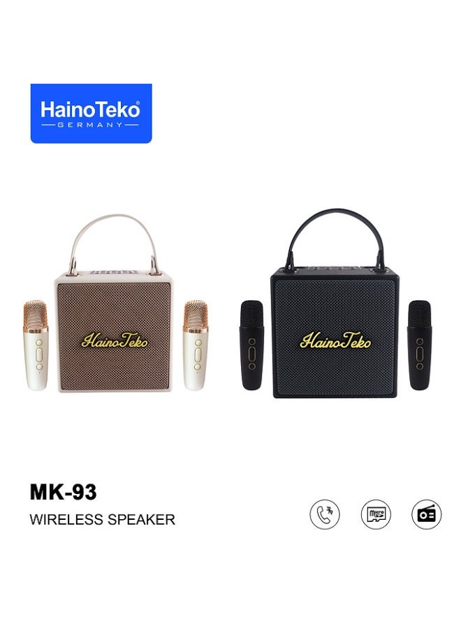 هينو تيكو Haino Teko MK-93 Splash Proof Portable Bluetooth Wireless Speaker with 2 Wireless Mics - Black - Powerful Sound, Waterproof, Long Battery Life, Perfect for Parties, Outdoor Events, Karaoke, & Travel - Compact & Durable Design - Image 2