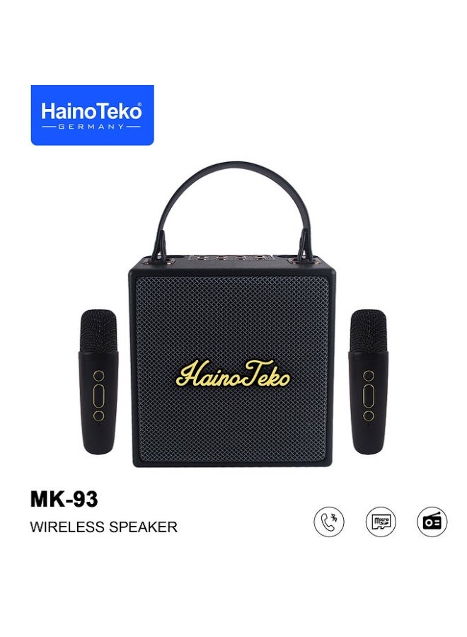 هينو تيكو Haino Teko MK-93 Splash Proof Portable Bluetooth Wireless Speaker with 2 Wireless Mics - Black - Powerful Sound, Waterproof, Long Battery Life, Perfect for Parties, Outdoor Events, Karaoke, & Travel - Compact & Durable Design - Image 1