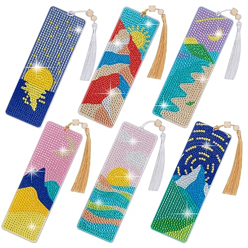 SWATOM 6 Pcs 5D Diamond Painting Bookmarks Sun & Moon Nature Acrylic Diamond Art Bookmark with DIY Painting Kits Tassels & Wood Beads Pendant Rhinestone Bookmarks - Image 1