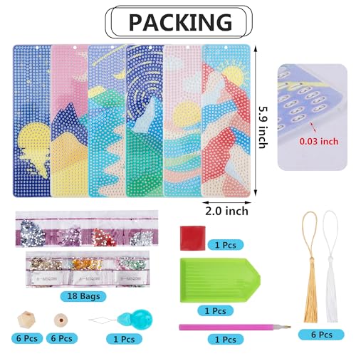 SWATOM 6 Pcs 5D Diamond Painting Bookmarks Sun & Moon Nature Acrylic Diamond Art Bookmark with DIY Painting Kits Tassels & Wood Beads Pendant Rhinestone Bookmarks - Image 2