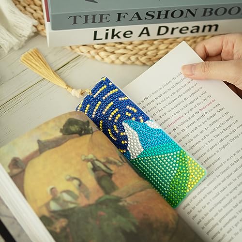 SWATOM 6 Pcs 5D Diamond Painting Bookmarks Sun & Moon Nature Acrylic Diamond Art Bookmark with DIY Painting Kits Tassels & Wood Beads Pendant Rhinestone Bookmarks - Image 3