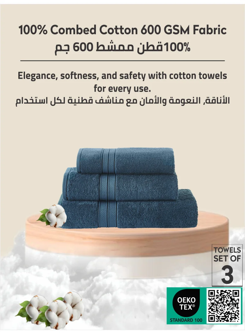 Donetella Dark Blue Premium Towel 3-Pcs Set, 100% Combed Cotton 600 GSM, Highly Absorbent, Quick Dry Towel Set Include 1 Bath Towel, 1 Bath Sheet, 1 Hand Towel, Best Set for Bathroom Gym, Hotel And Spa.  | Best Price UAE