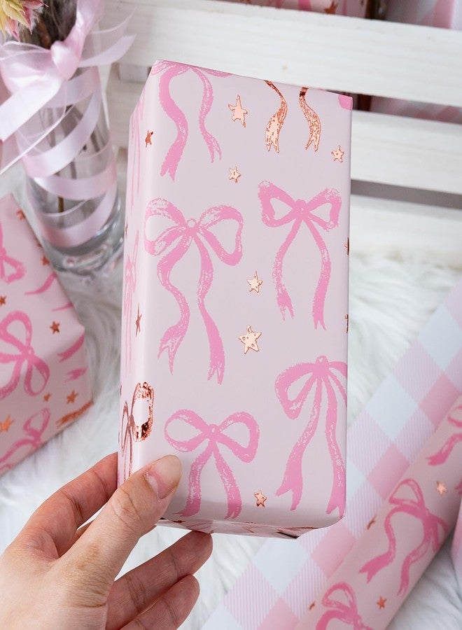 MAYPLUSS Pink Wrapping Paper Roll, Cute Bow Gift Wrap, Reversible Plaid Gift Paper for Girl Baby Shower, Birthday, Wedding 17 Inch x 33 Feet - Image 3