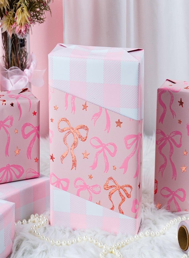 MAYPLUSS Pink Wrapping Paper Roll, Cute Bow Gift Wrap, Reversible Plaid Gift Paper for Girl Baby Shower, Birthday, Wedding 17 Inch x 33 Feet - Image 4